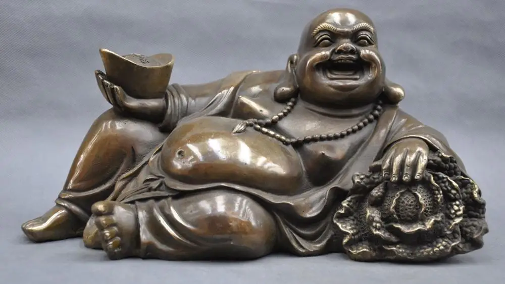 

12" China Happy Maitreya Buddha Cabbage Yuanbao Ingot Bronze Statue