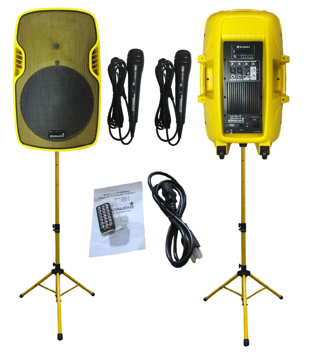 

STARAUDIO SSYM-15 Pair Yellow 15" 3500W Powered Active PA DJ Stage USB SD FM BT SpeakersW/ Stands Microphones