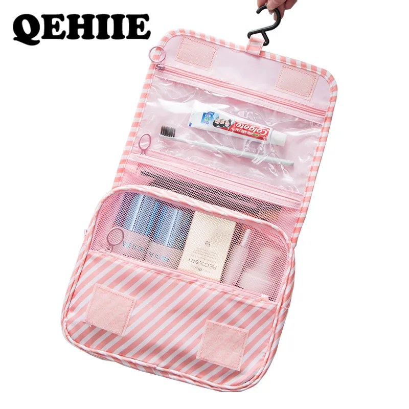 

Brand organizer Hook cosmetic bag Fashion lady beautician High capacity Pink striped makeupe bag Travel folding wash bag case