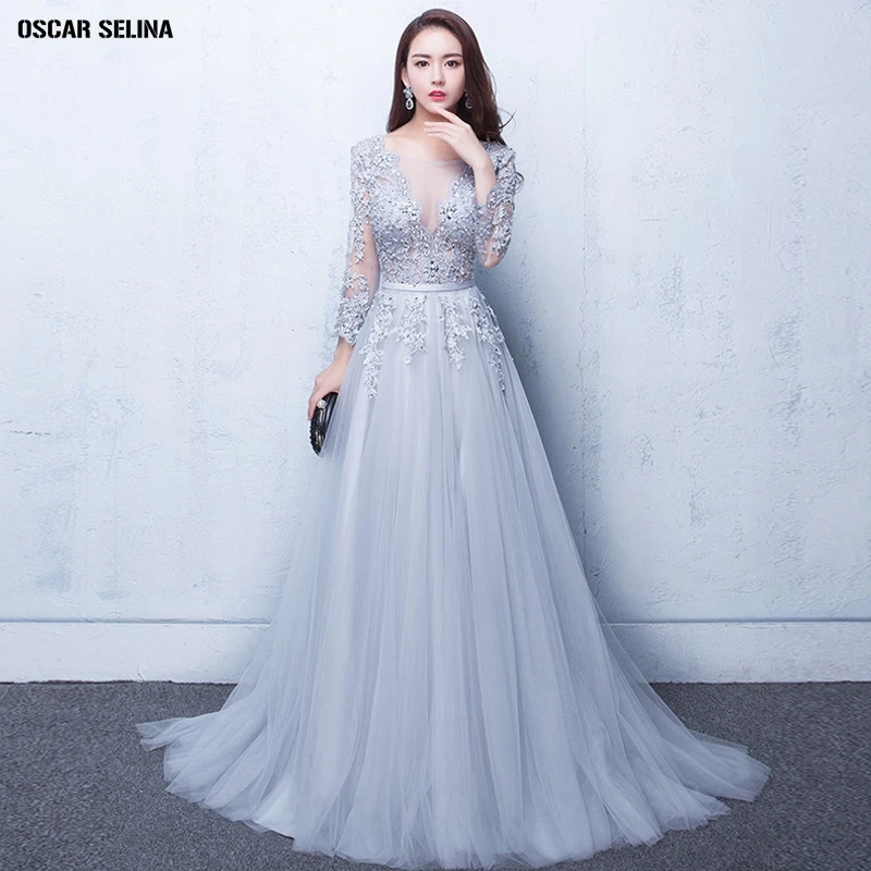 Vestido madrinha2019 новое из кружева с вырезом на шее длинным рукавом A Line серебряное
