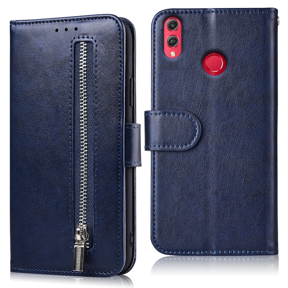 Кожаный чехол-кошелек на молнии для huawei Honor 8X8X6,5 ''JSN-L21 L22 L23 L42 Fundas мягкая задняя крышка из ТПУ держатель для карт флип-чехол - Цвет: 61Zipper-Blue