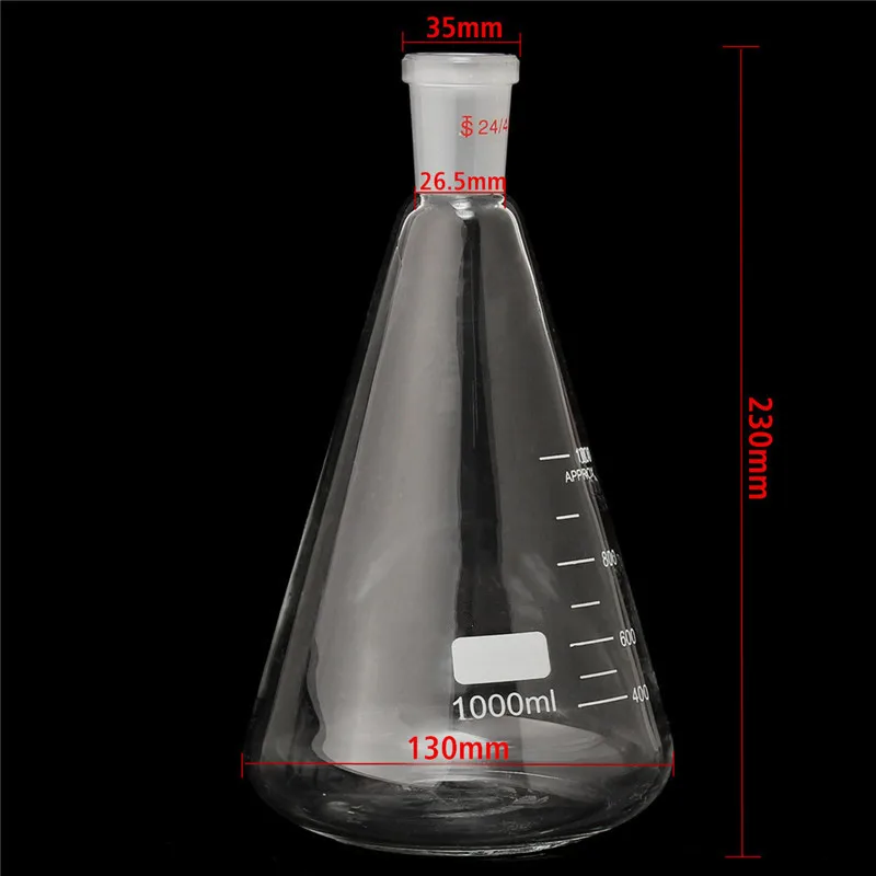 Высокое качество 24/40 1000 мл/1Л стеклянная колба Erlenmeyer коническая бутылка посуда для химической лаборатория