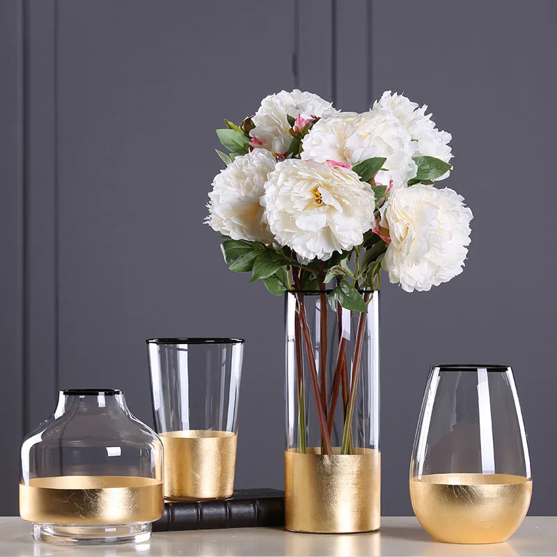 Online Glas Blume Vase mit Gold Folie Figuren Home Wohnzimmer Decor Haushalt Decor Gold Tabletop Anlage Vase Handwerk Hochzeit Geschenke