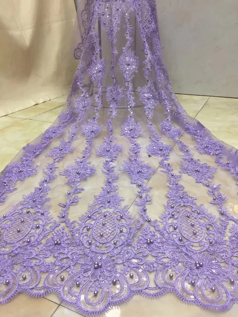 

Free shipping (5yards/pc) embroidered lilac color African French net lace fabric with beads and sequins for party dress FZZ002