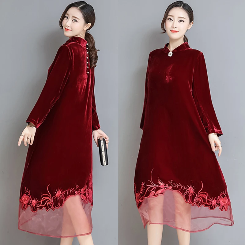 

Spring Fall Women Female Mandarin Collar Chinese 2018 Embroidery Patchwork Velour Dress , Woman Loose Long Sleeve Velvet Dresses