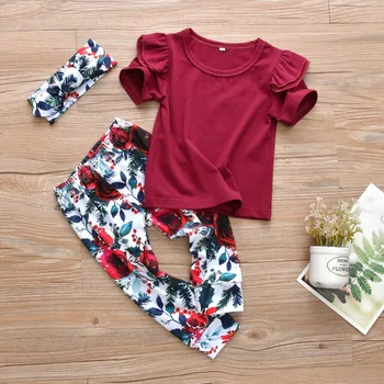 

3Pcs Baby Girl Clothes Set Newborn Toddler Ruffles Short Sleeve Tops Floral Pants and Headband Infant Clothing Outfits