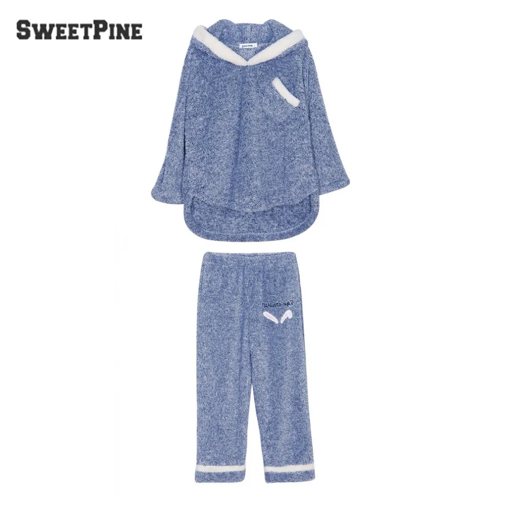 SWEETPINE бренд Одежда высшего качества Для женщин пижамные комплекты детская зимняя теплая фланелевая одежда для сна для 2 шт./компл. Толстовка Топы и теплые штаны, домашняя одежда