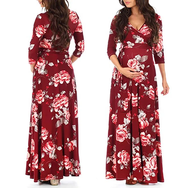 Элегантное платье с рюшами для беременных, с v-образным вырезом, с бантом, макси-платье с регулируемым поясом для беременных женщин