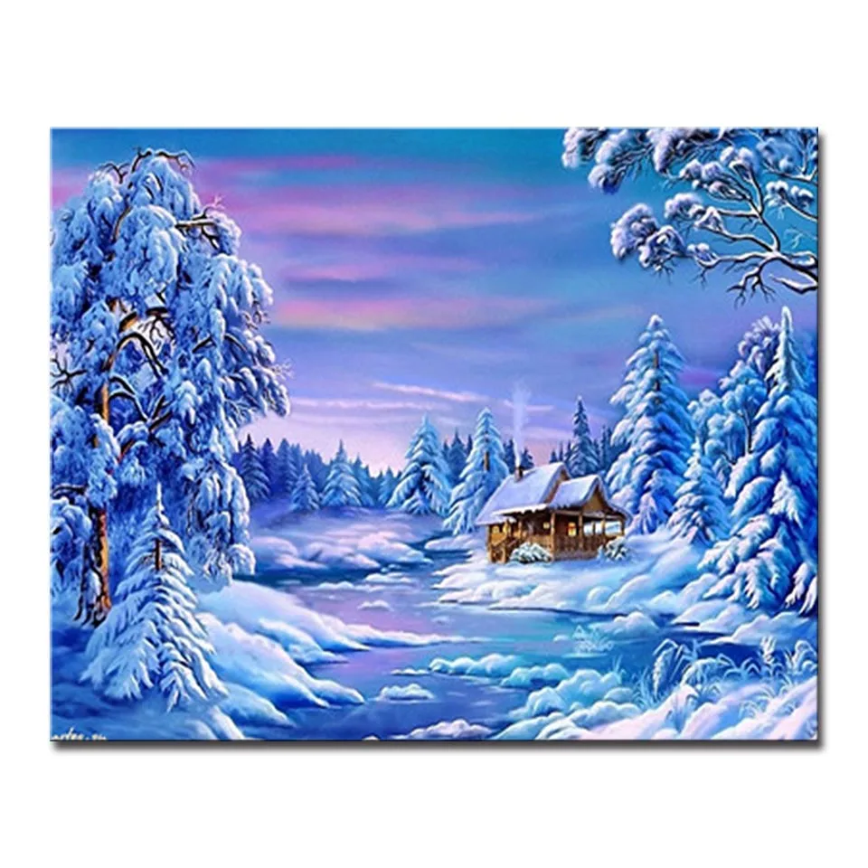 

DIY Painting By Numbers Kit Handpainted Oil Unique Gift Winter Forest House Building For Home Wall Artwork Modern Picture Canvas