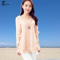 2019 Tunic Tops Cute Pink Lace Blouse Shirts Patchwork Women Summer Elegant Back Bow Tops Hollow Out Pink Floral Lace Blouse 1
