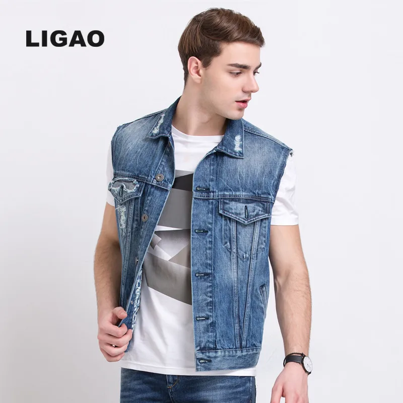 LIGAO 2017 Autumn Mens Jean Jacket Vests tching Ripped Hole Men Denim ...