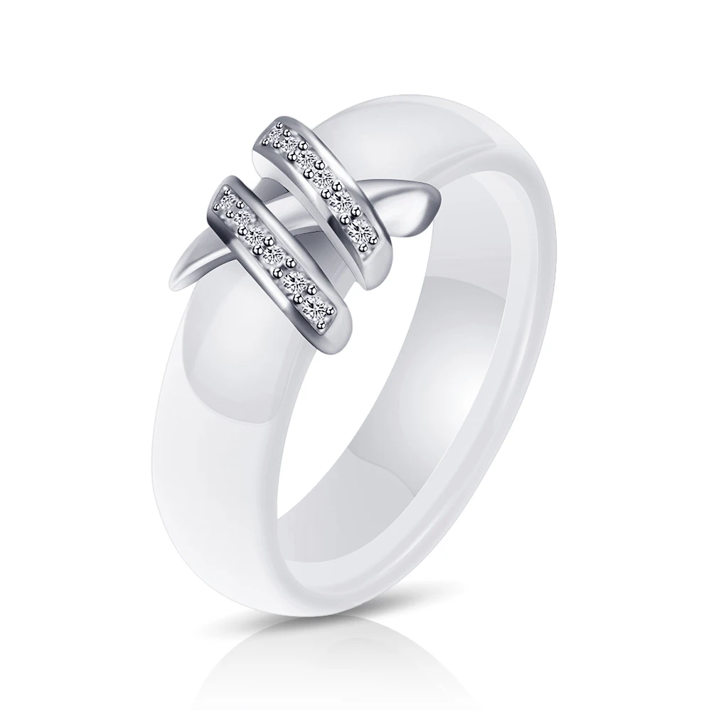 Лучшие 6 мм Высокое качество черный и белый простой стиль две линии Кристалл Ziron керамические кольца для женщин модные ювелирные изделия подарок - Цвет основного камня: White