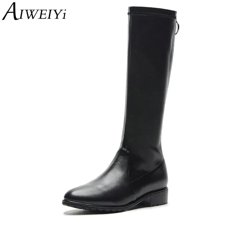 

AIWEIYi Black Knee High Boots for Women Round toe Square Heel Med Heels Autumn Winter Shoes Genuine Leather Black Booties