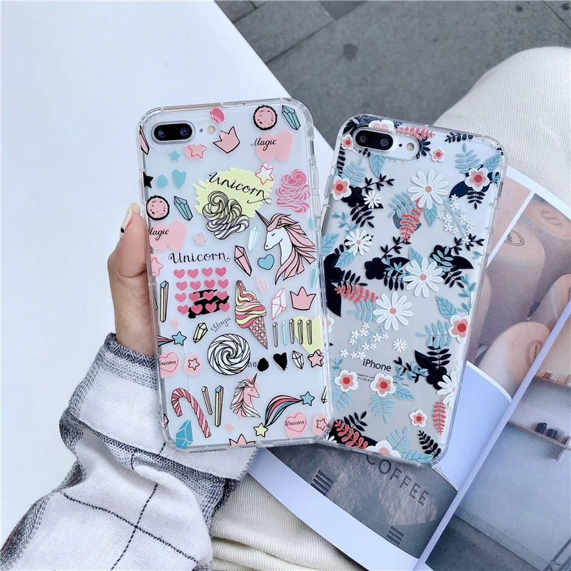 

Unicorn Flowers Relief Airbag Anti-knock Case For iPhone 6 6s 6plus 7 8 Plus Cases For iPhone X Xs Max Xr TPU Silicone funda