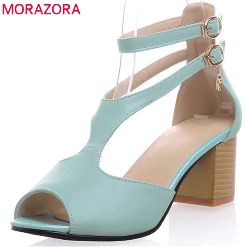

MORAZORA 2020 new women sandals sweet elegant peep toe solid summer shoes simple buckle comfortable square heel shoes