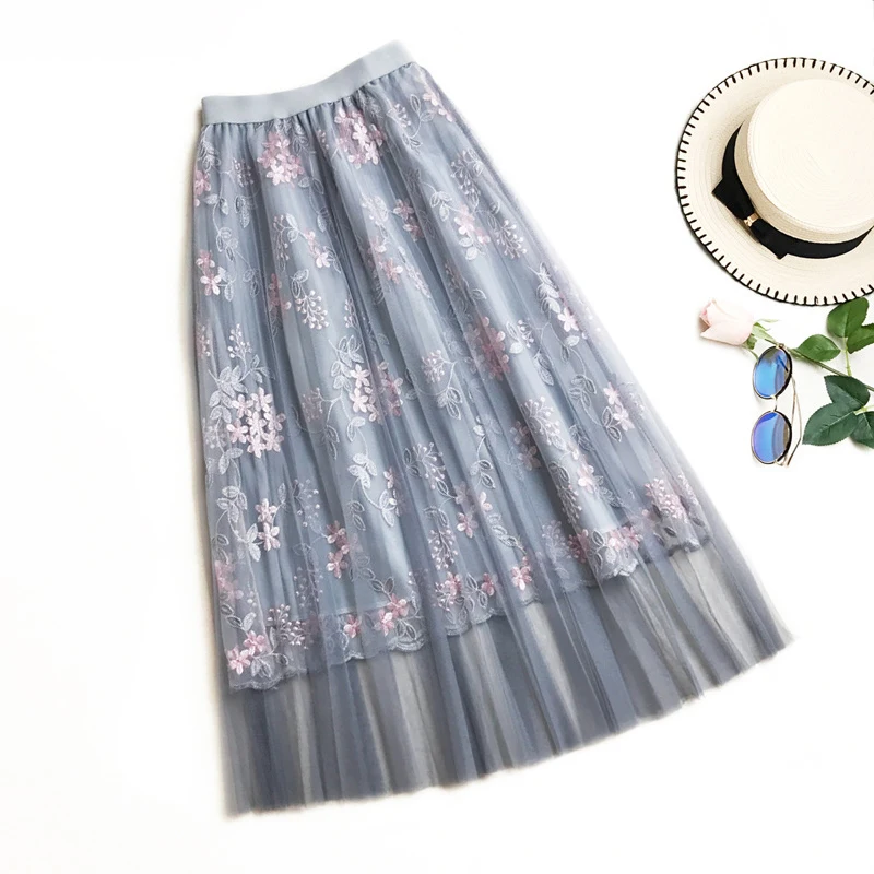 

2019 New Summer Mesh Skirts Womens Fashion Lolita Elegant Girl Embroidery Flower High Waist A-line Pleated Skirt Faldas Mujer