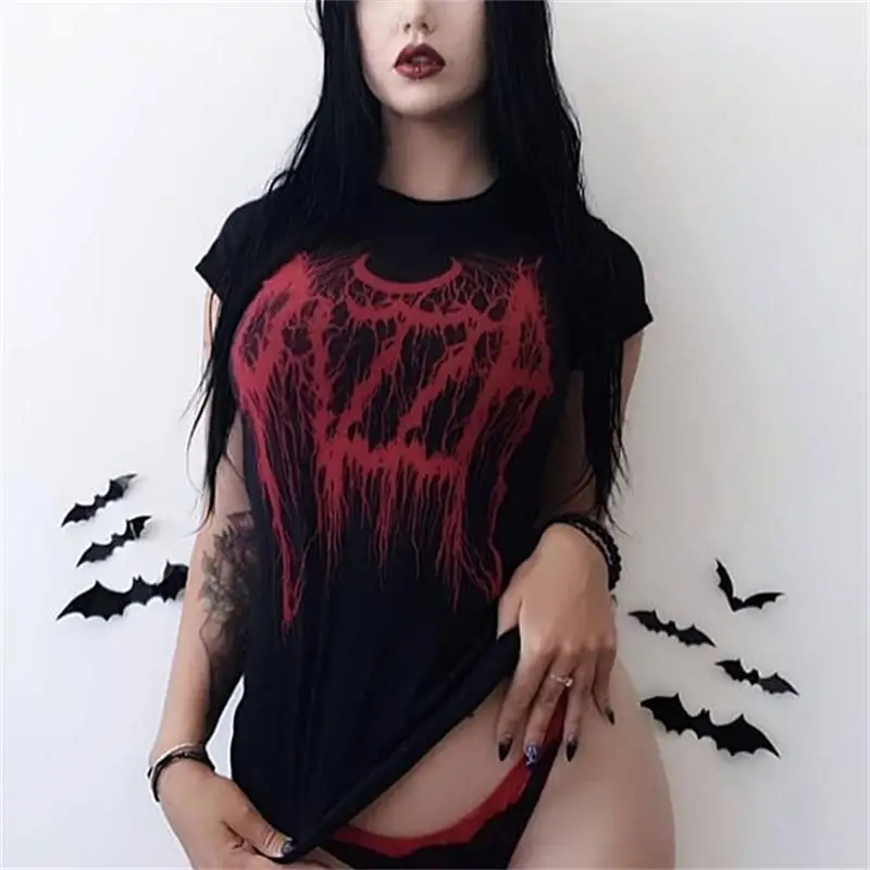 Готический темно-черный обтягивающий гранж принт футболка гот, Харадзюку мода уличная Лето женские футболки с o-образным вырезом Эстетическая футболка