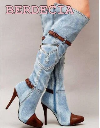 hot selling cutouts denim blue patchwork long boots 2017 woman sexy knee high pointed toe high heel shoes thin heels boots