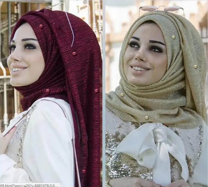T5 10 шт. блестящие шарфы перламутровые однотонные мерцающие эластичные хиджаб с жемчугом длинная повязка на голову модный шарф хиджаб мусульманские шали