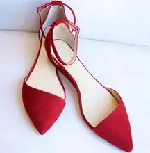 Faux Suede Leather Women Pointy Toe Ballet Flats Elegant Style Thicken Ankle Buckles Ladies Dace Shoes