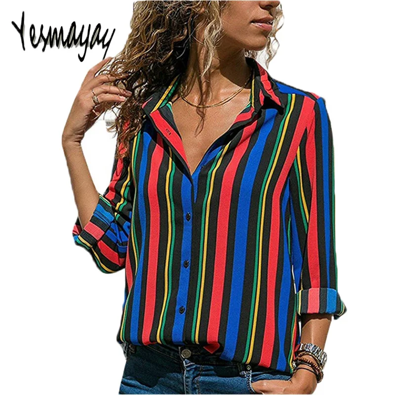 En Ligne Travail Bureau Bouton Up Blouse Femmes Shirt Top Femmes Tops et Blouses Plus La Taille 5XL Manches Longues Automne Rayé Blouse femmes 2018