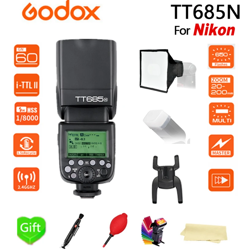 

Godox TT685N 2.4G HSS 1/8000s i-TTL GN60 Wireless Speedlite Flash15*17 cm softbox+ Color filter for Nikon DSLR Cameras