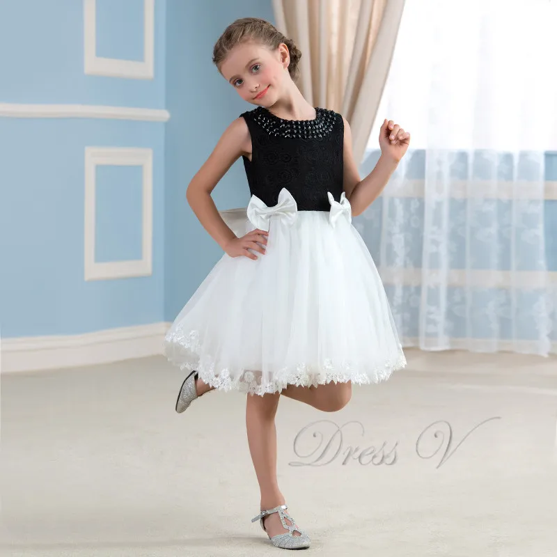 Black And White Lace Flower Girl Dresses For Weddings Beaded Tulle Knee