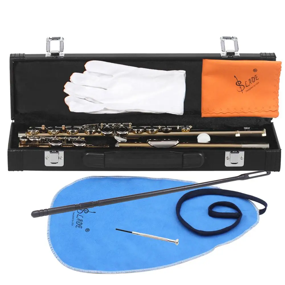 SLADE Gold Plated Silver Key Flute C Tune 16 Holes E-Key High Quality Craft With Cleaning Cloth Stick Gloves Padded Bag SLADE Gold Plated Silver Key Flute C Tune 16 Holes E-Key High Quality Craft With Cleaning Cloth Stick Gloves Padded Bag
