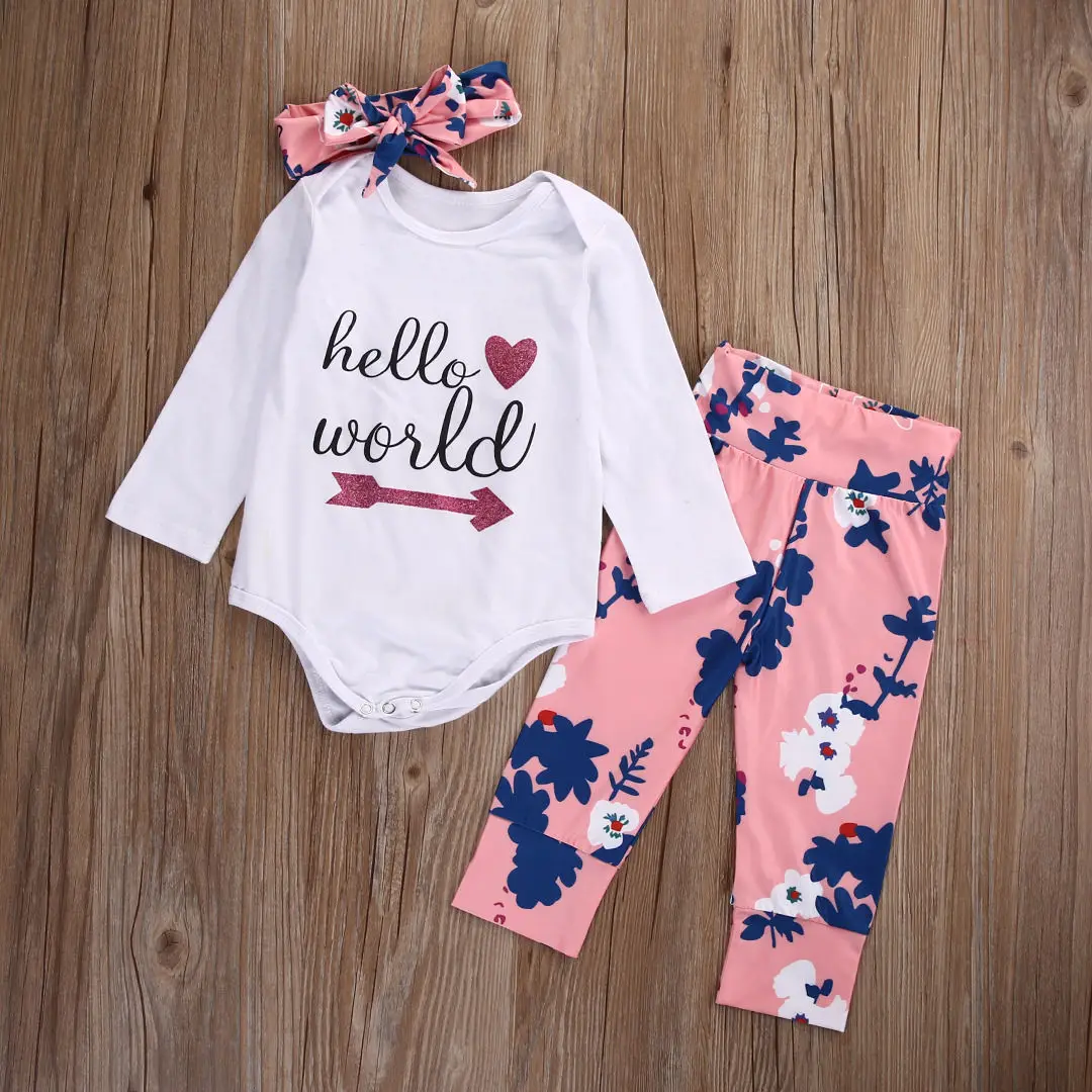 Baby Girls Clothes Infant Set Hello World Romper Cotton Long Sleeve ...