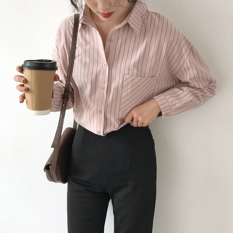 

ChicTurn-down Collar Striped Women Blouses Tops Loose One Pocket Casual Blouse Shirt Female Shirts Basic blusas 2019
