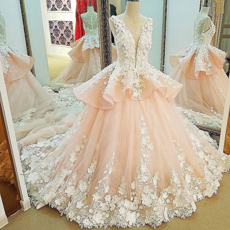 New Pink Pearls Diamond Tulle Wedding Dresses Luxury Sleeveless Bridal