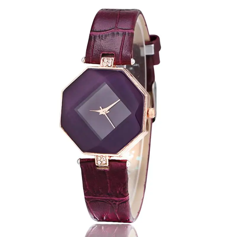 

Women Gem Cut Geometry Crystal PU Leather Quartz Wristwatch Ladies Watch Gifts