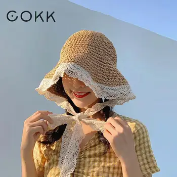 

COKK Hat Women Summer Straw Hats With Lace Ribbon Korean Style Fisherman Hat Female Sunshade Foldable Beach Cap Lady Sun Hat New