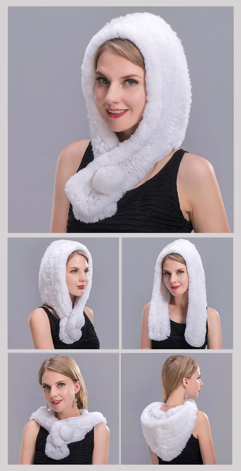 rex rabbit fur scarf hat white