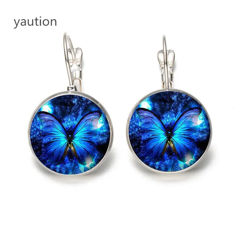 

Blue Butterfly Earrings Green Butterfly Crystal Jewelry Accessories Ear Loop Dome Glass Cabochon Earrings