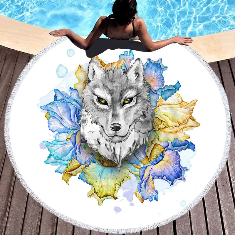 

Colorful Wolf Printed Round Beach Towels for Women 150cm Tassels Picnic Blanket Microfiber Large Bath Towel For Adults