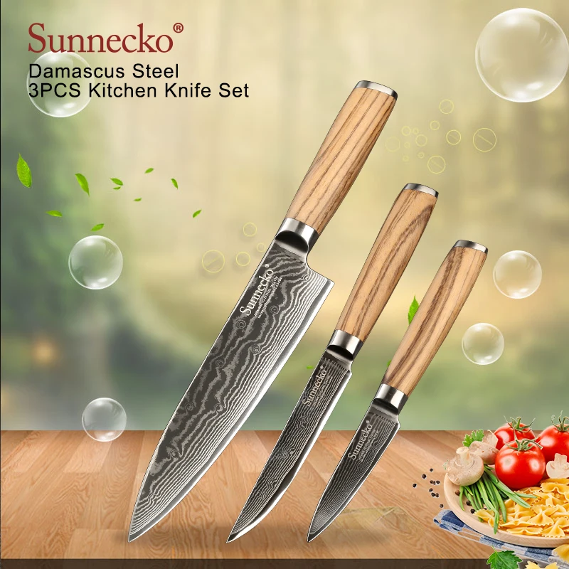 

SUNNECKO 3PCS Kitchen Knives Set Damascus Chef Knife Japanese VG10 Steel Original Wood Handle Sharp Utility Paring Cutter Knife