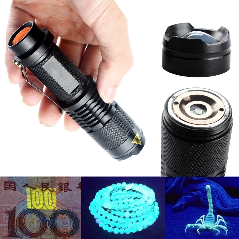 Professional Fluorescent agent detection UV 395nm led 3-Mode ZOOM Flashlight torch lamp purple violet light For 18650 battery
