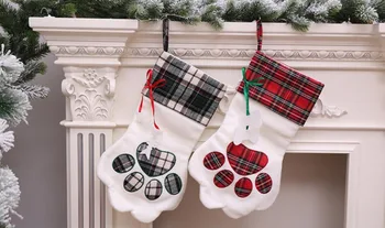 

Plaid Paw Stocking Christmas Gift Bags Burlap Christmas Stockings Wholesale 300pcs/lot Plaid Dog Paw Xmas Sock Fast Shipping