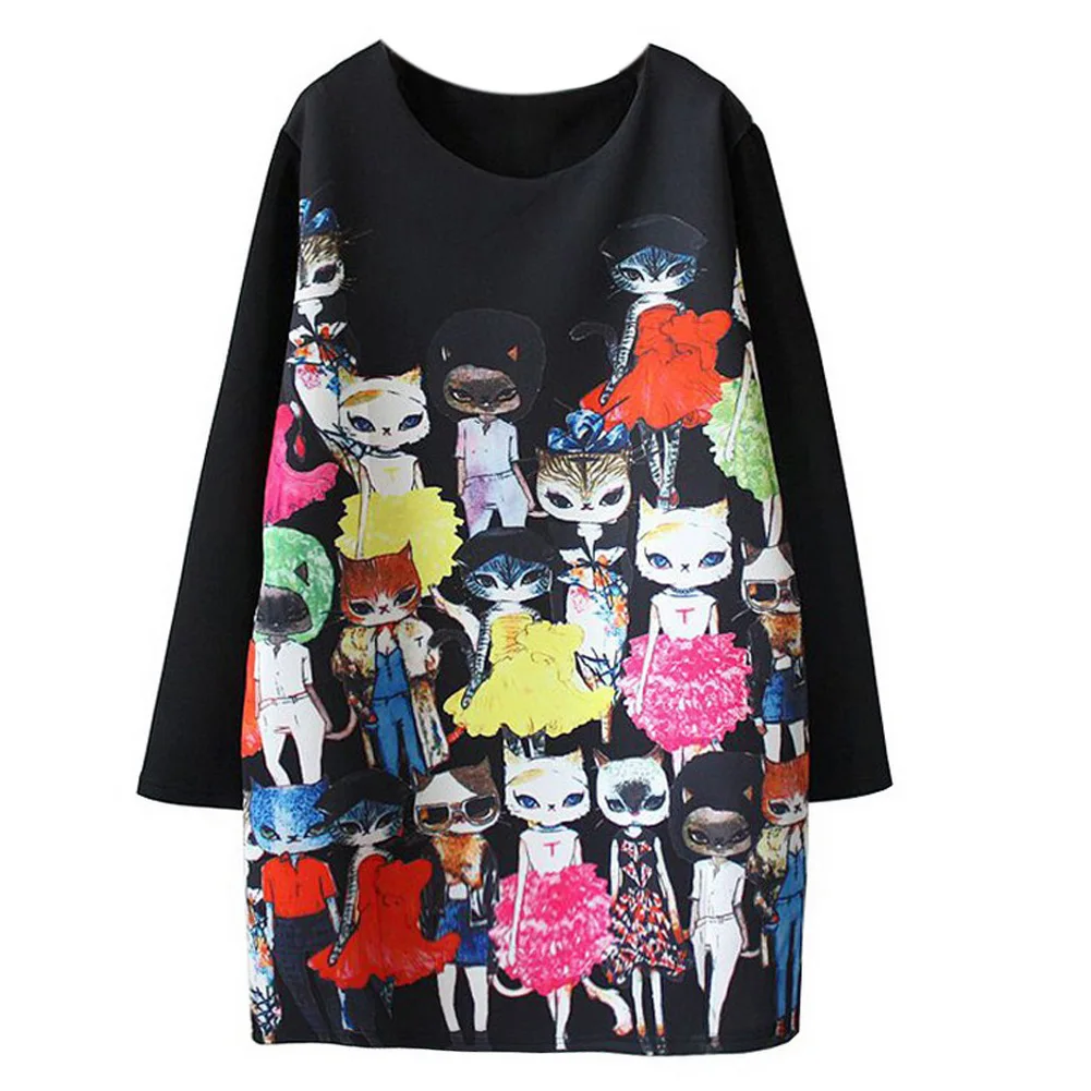 2017 Spring Autumn Fashion Women font b Dress b font Kpop Cat Cartoon Printed Long Sleeve