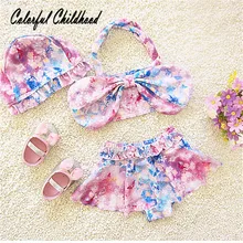 Милая Одежда для маленьких девочек; детский купальник бикини Летний детский купальный костюм из 3 шт./компл. розовое платье с цветочным принтом с бантиком для ребенка, который только начинает ходить дизайн пляжная 2-6Yrs