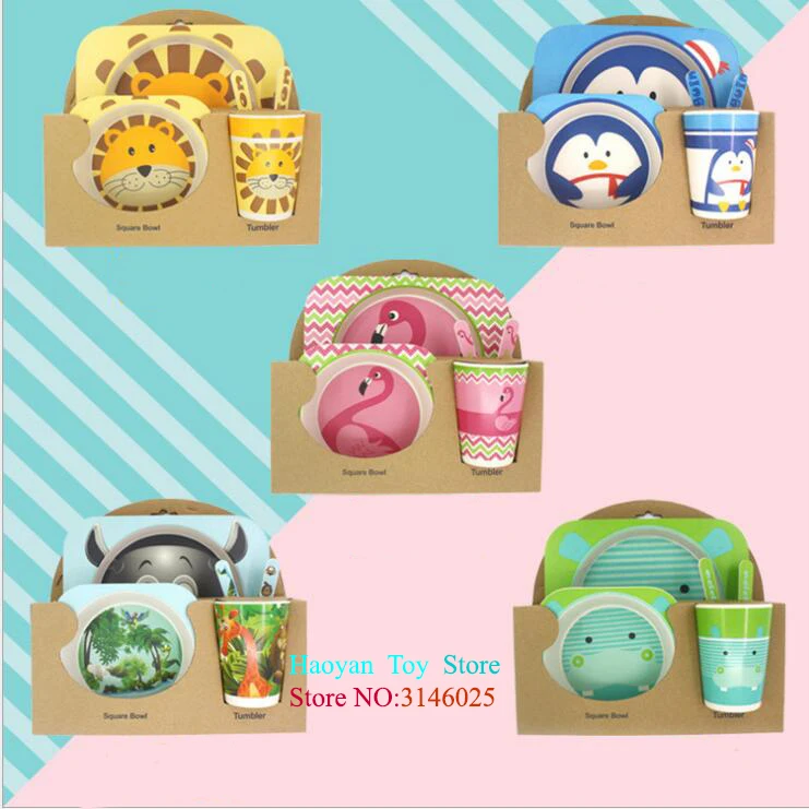 

5pcs/set BPA Free Animal Zoo Baby Plate Bow Cup Forks Dinnerware Feeding Set 100% Bamboo Food Container Children Tableware