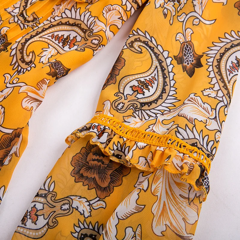 Новое Осеннее винтажное богемное шифоновое длинное платье с цветочным принтом, на шнуровке, с оборками, в стиле ретро, хиппи-шик, Vestidos