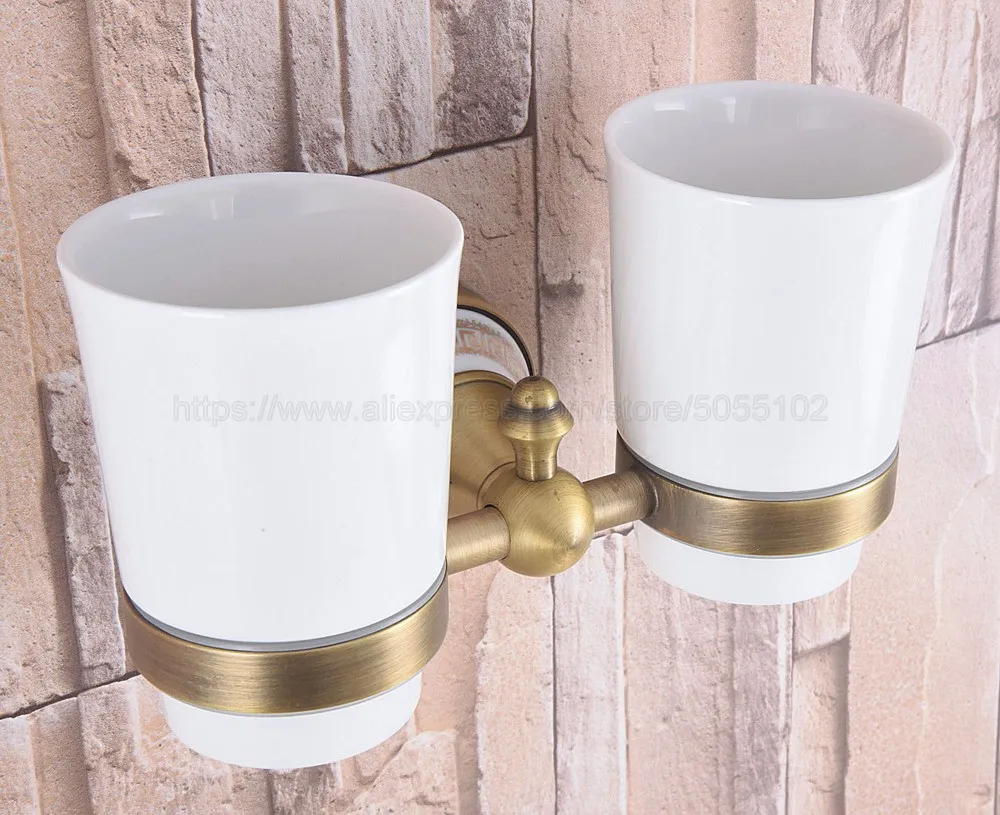 

Antique brass Ceramic Tooth Mug Tooth Gargle Cup with Brass Rack Holder Wall Mounted, with Two Ceramic Cups zba580