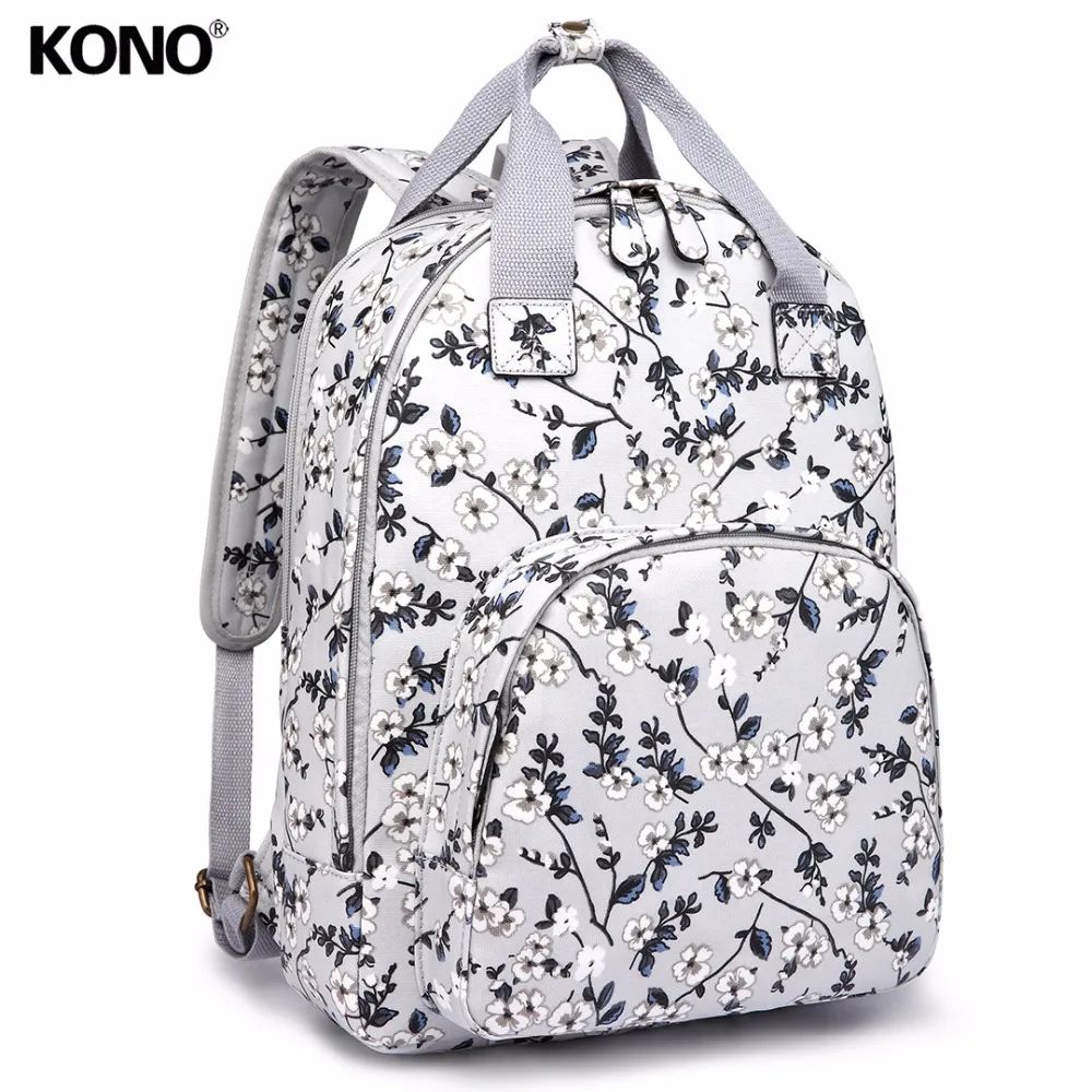 Us 37 62 29 Off Kono Women Backpacks School Bags For Agers S Matte Oilcloth Grey Flower Large Rucksack Laptop Padded Shoulder Bag Yd1658 In