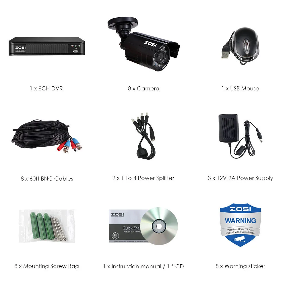 ZOSI 8 канальный 720P 4-в-1 CVBS AHD CVI TVI видеонаблюдения DVR Камеры Скрытого видеонаблюдения комплект 1MP наружная, инфракрасная, водонепроницаемая и Камера s