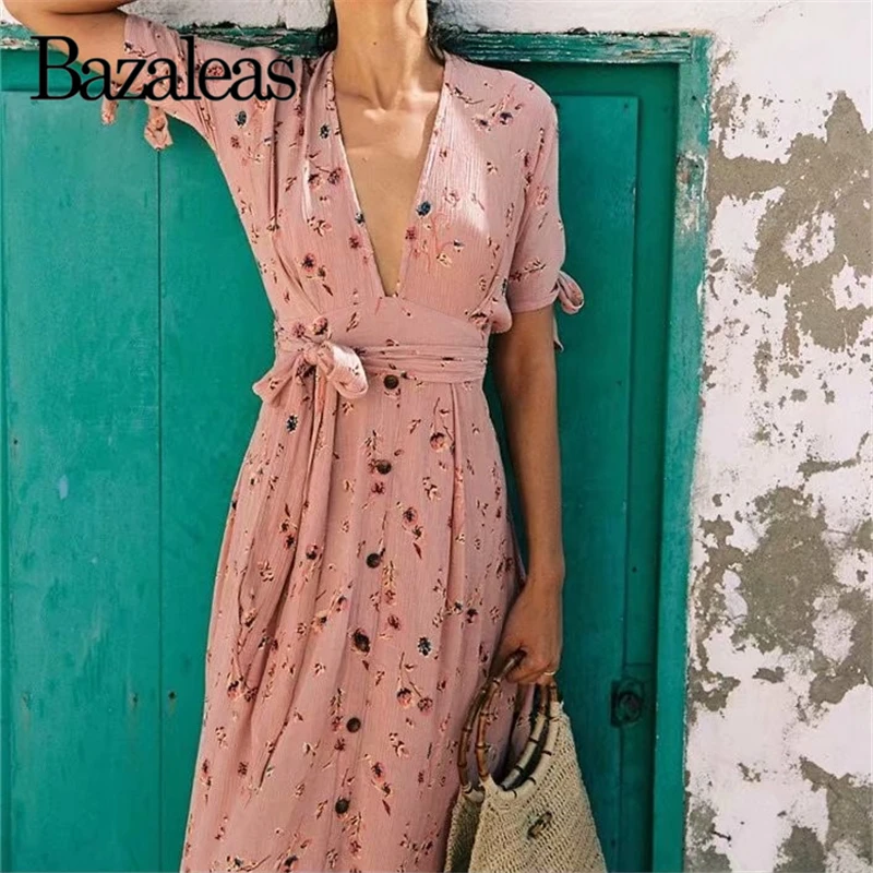 Bazaleas Талия галстук обертывание vestidos розовый цветочный принт женское летнее