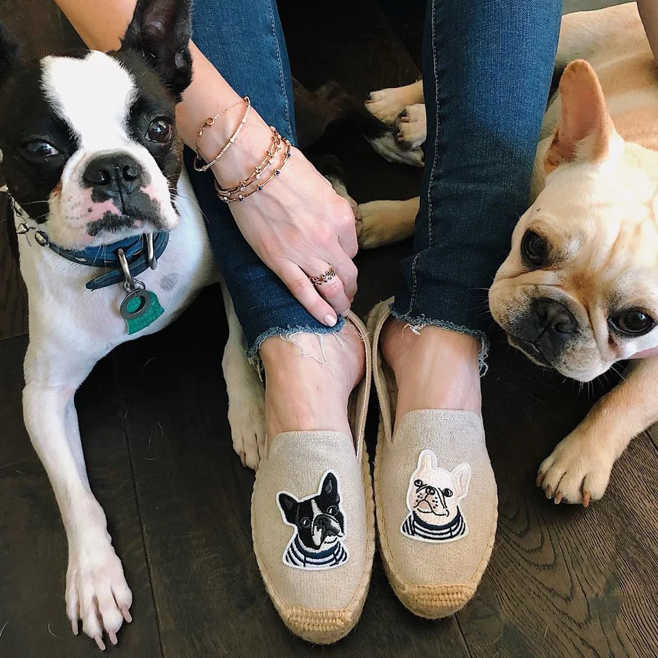 

Doggie Embroidery Flat Platform Shoes 2019 Summer Canvas Espadrilles Women Taxi Beer Print Slip on Beach Shoes Women Flats