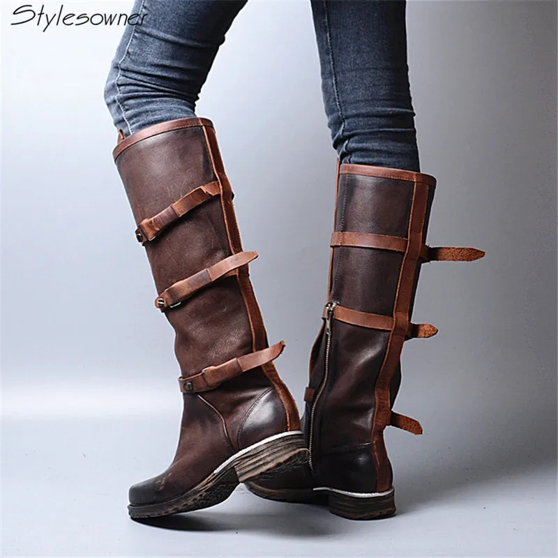 

Stylesowner Fashion Belt Buckle Leather Do Old Knee Boots Women Square Toe Zip Side Comfortable Martin Boots Female Black Coffee