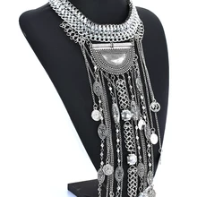 Бохо длинное макси с монетами ожерелье женское винтажное этническое массивное большое ожерелье-чокер с кисточкой женское серебряное цыганское ювелирное изделие
